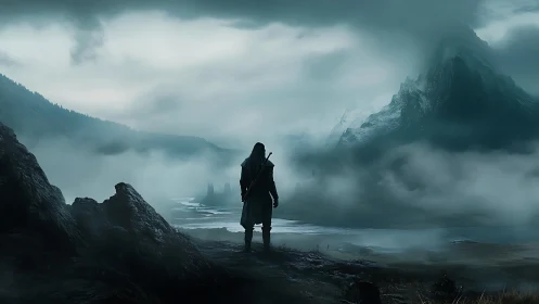 Lone wanderer greets misty mountains in a quiet fantasy dawn