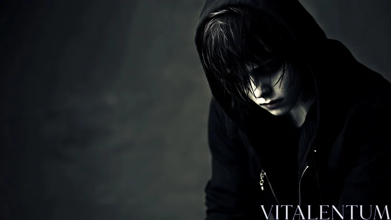 Shadowed youth in a hooded hush, wrapped in quiet storms.