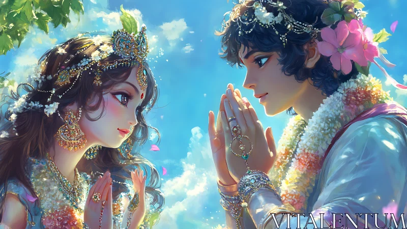 Sacred lovers share a radiant prayer beneath a bright sky
