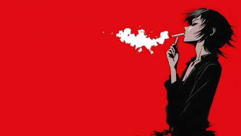 Solitary anime figure exhales smoke against vivid red void.