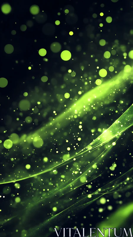 Green particle waves over dark abstract background.