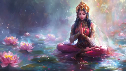 Divine lotus meditation with jeweled goddess on water.