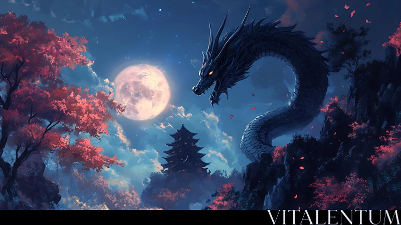 Lunar dragon over crimson forest and distant pagoda panorama.