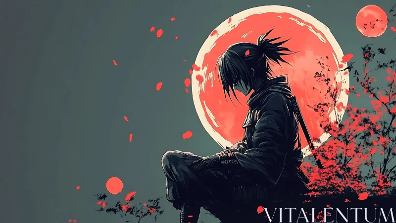 Solitary samurai silhouette before blood-red moon