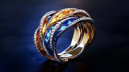 Elegant intertwined gold, blue, and diamond ring on dark background.