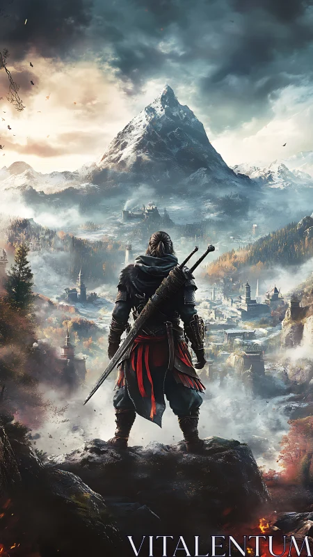 Armored swordsman overlooking snowcapped fortress valley panorama