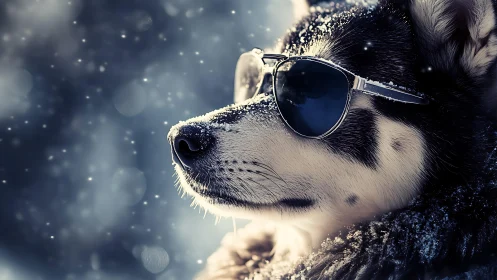 Cool-toned husky portrait uses reflective sunglasses in snow