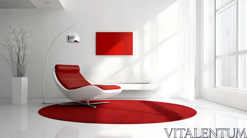 Minimalist red-white lounge with chromed arc floor luminaire.