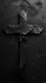 Rough black stone cross emerges from textured dark surface