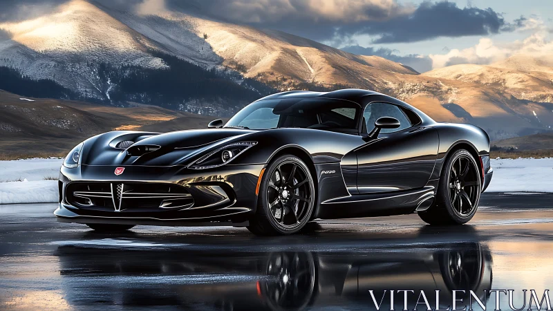 Black sports car parked on wet road in winter mountains.