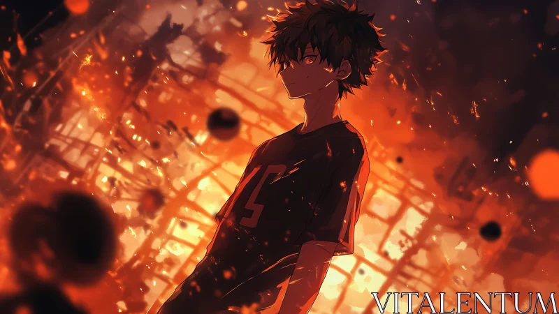 Backlit anime teen in ember filled fiery urban ruin