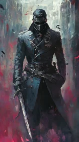 Digital painting of masked swordsman in painterly urban haze.
