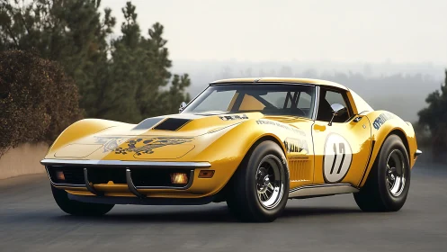 Widebody vintage race car with period graphics on mountain road