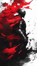 Armored swordsman in red mantle amid abstract chromatic torrent.