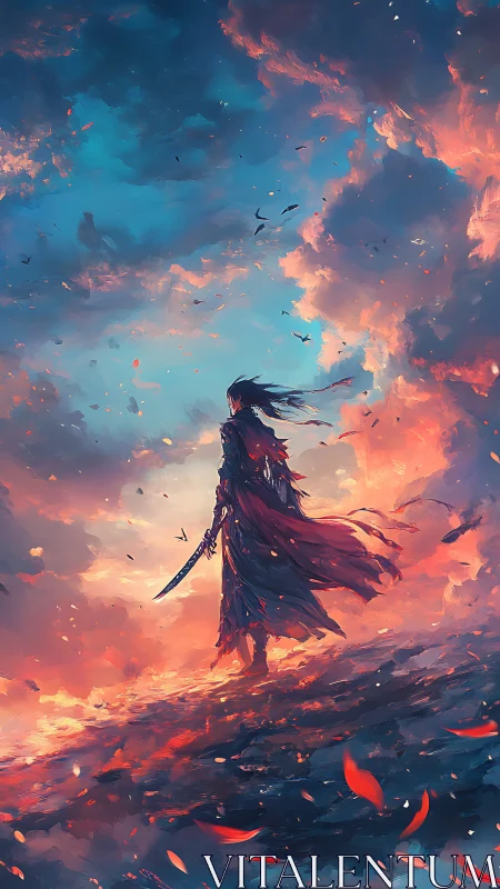 Lone swordsman stands under vivid stormlit sky.