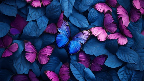 Blue and purple butterflies rest over dense blue foliage