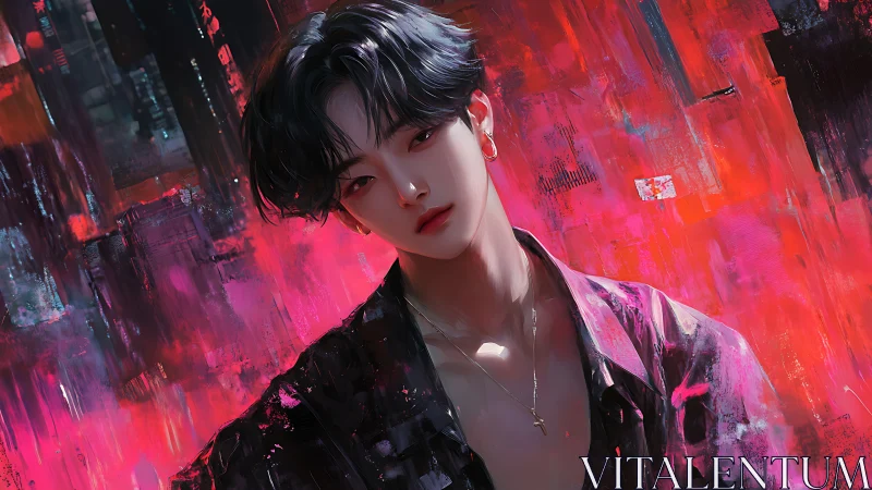 Luminous portrait of androgynous figure in neon chromatic field.