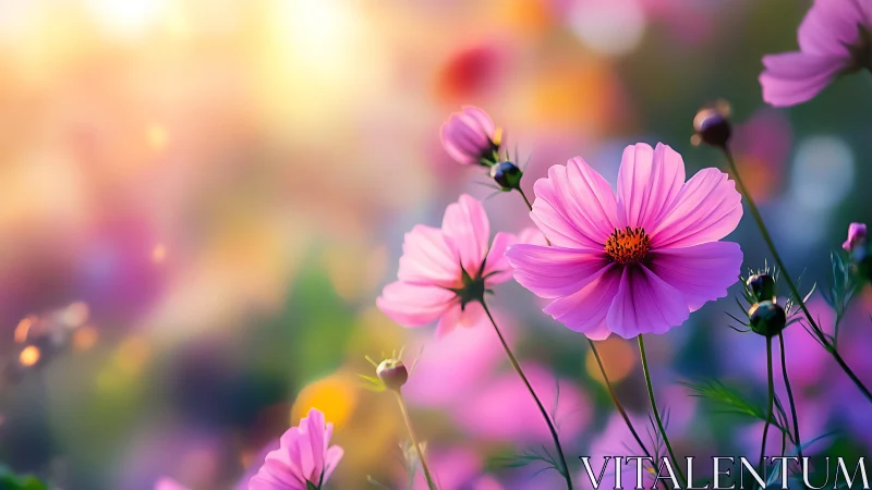 Pink cosmos flowers with selective focus depth of field. Warm sunset bokeh