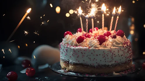 Birthday Cake with Lit Candles and Sparklers Against Dark Background