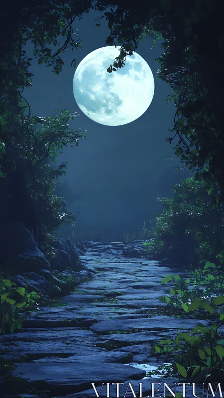 Full moon illuminates mystical stone path through forest.