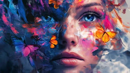 Vivid butterflies and paint fragments bloom across a tranquil face