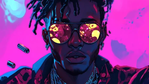 Neon cyberpunk portrait with reflective visor optics and bullets.