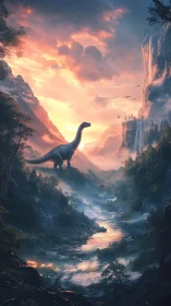 Gentle dinosaur overlooks a misty river at blazing dawn