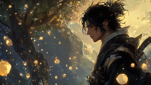 Solitary warrior beside luminous tree in twilight setting.