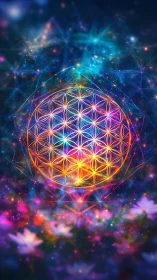 Iridescent flower of life sphere amid cosmic nebulae.