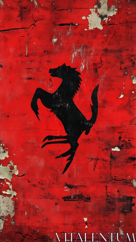 Weathered rearing horse silhouette on distressed red field.