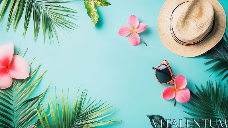 Sunny straw-hat daydream framed by tropical leaves and blooms.