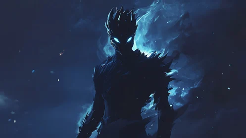 Shadow wraith ignites in electric blue infernal storm.