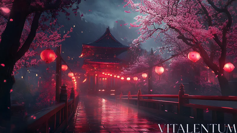 Rain-soaked temple bridge under red lanterns and cherry blossoms