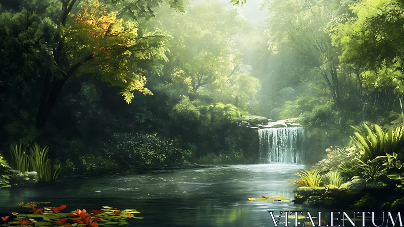 Sunlit forest waterfall whispers over a glassy emerald pool