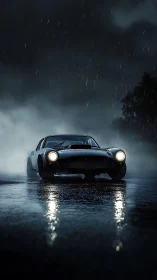 Midnight muscle car cruising through rain-soaked silence.