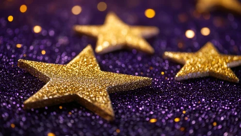 Golden glitter stars glowing on a dreamy purple night.