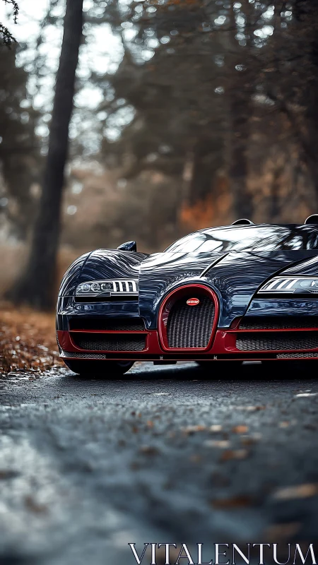 Low-angle front view of luxury sports car on forest road.