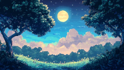 Pixel Art Forest Moonlit Sky.