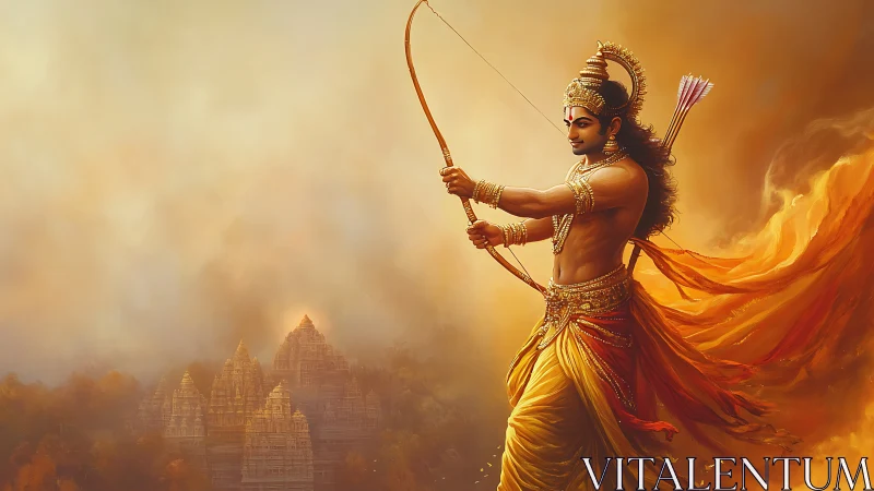 Mythic archer poised above misted temples in warm golden light
