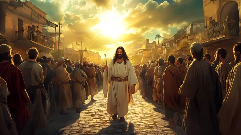 Robe-clad figure walks through crowded ancient street at sunrise.