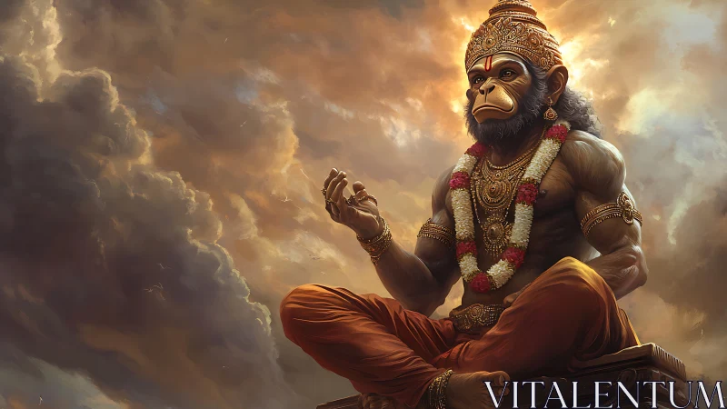Simian-headed deity sits cross-legged before dense storm clouds
