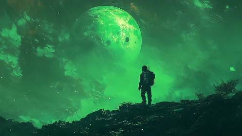 Solitary astronaut studies glowing green alien moon