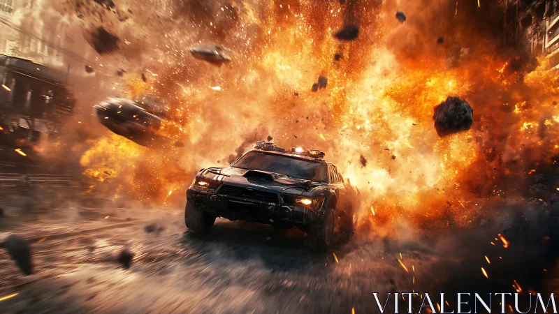 Armored interceptor outruns urban fireball shockwave blast.