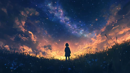 Child silhouette studies blazing galaxy over twilight field.