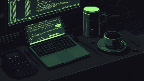 Coder desk shows laptop, monitor, and coffee in dark scene