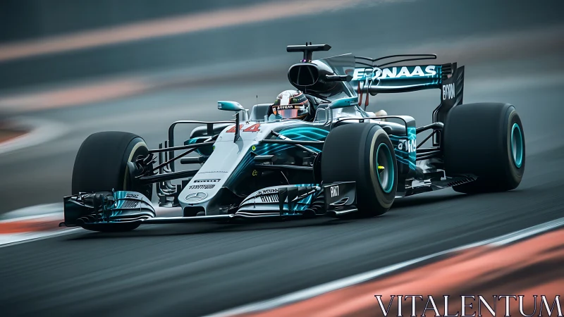 Aerodynamic Formula 1 car under high-speed cornering load on track