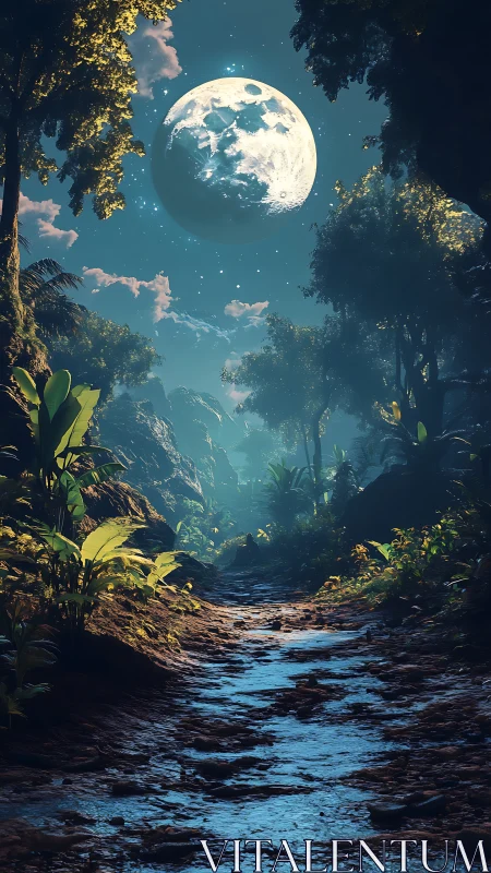 Moonlit jungle canyon with flowing stream and canopy vegetation above.