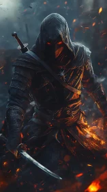 Ember-eyed shadow assassin strides through warlit cinders.