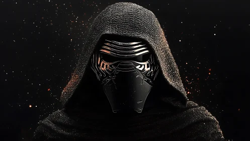 Digital painting portrait of masked hooded warrior in chiaroscuro.