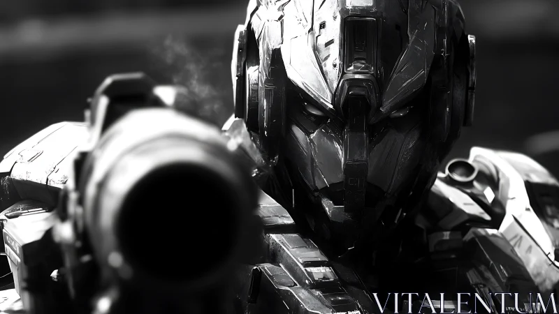 Armored sci fi soldier aiming heavy futuristic weapon.